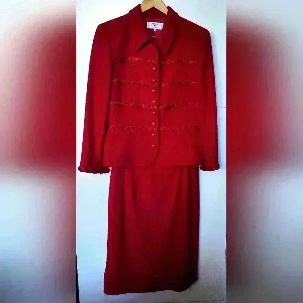 Vintage Valentino Miss V Red Boucle Wool Suit | Blazer and Skirt | 31" Waist